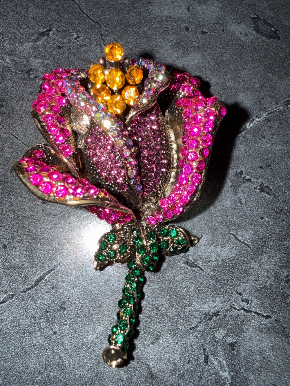 Rhinestone Floral Brooch - Pink, Green & Gold Crystal Flower Pin
